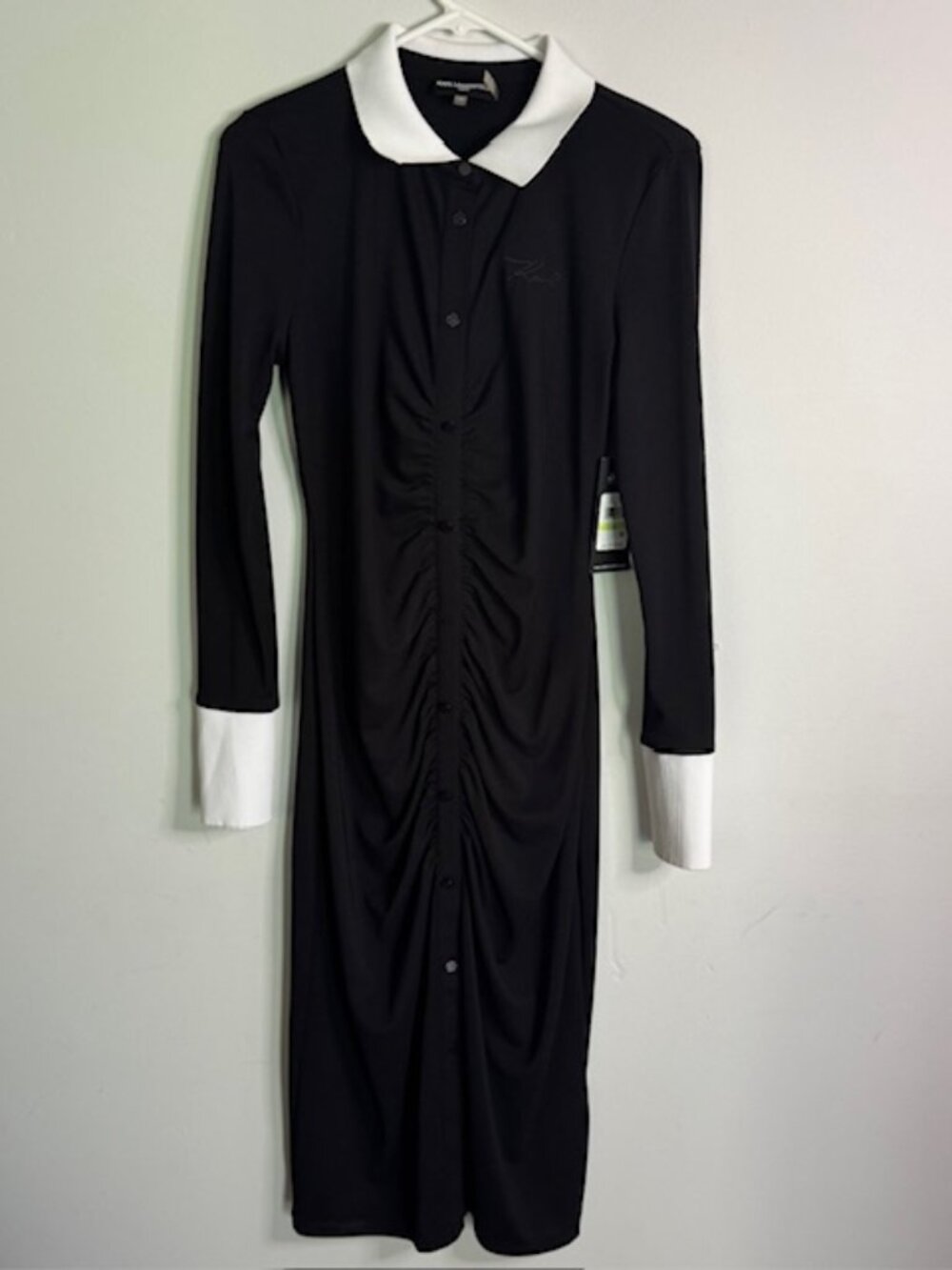 Karl Lagerfeld Paris Black & White Button Front Dress Ruched Sides Size 4